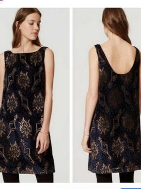 LOFT Velvet Burnout Dress Large Navy Brown Paisley Sheath Sleeveless Holidays